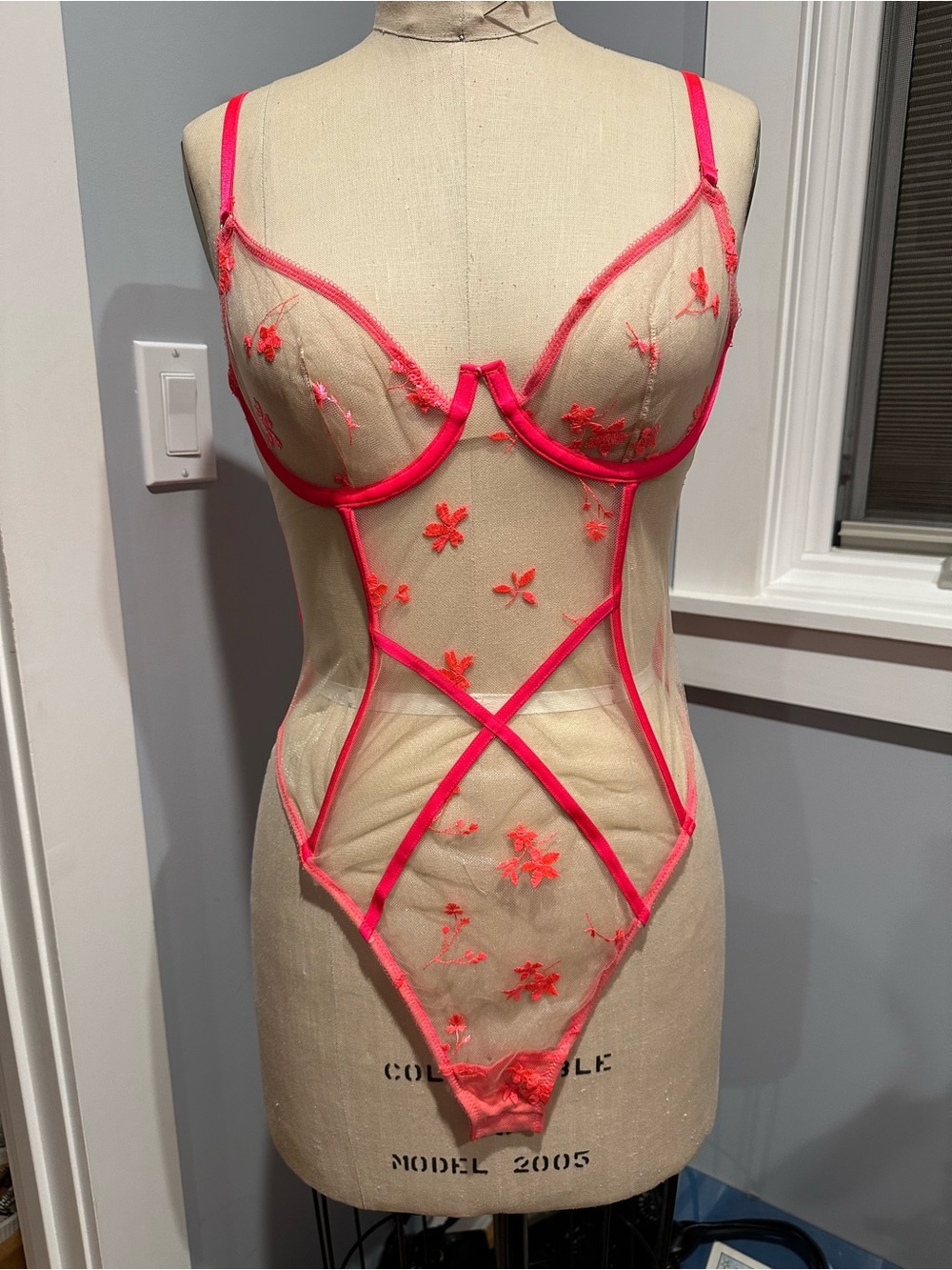 Savage x Fenty Sheer Floral Embroidered Bodysuit Teddy in Neon Pink Medium